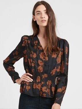 Banana Republic Black Satin Puff-Sleeve Blouse w Brown Floral Print EUC SIZE XL